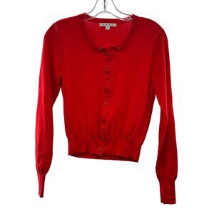 Cabi Women's Button Up Cropped Cardigan Lace Trim Red Size Small Lightweight
